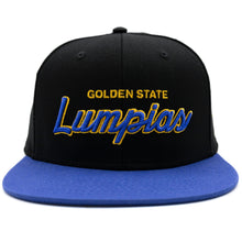 Load image into Gallery viewer, GOLDEN STATE LUMPIAS&quot; SNAPBACK HAT.  BLACK, BLUE &amp; GOLD
